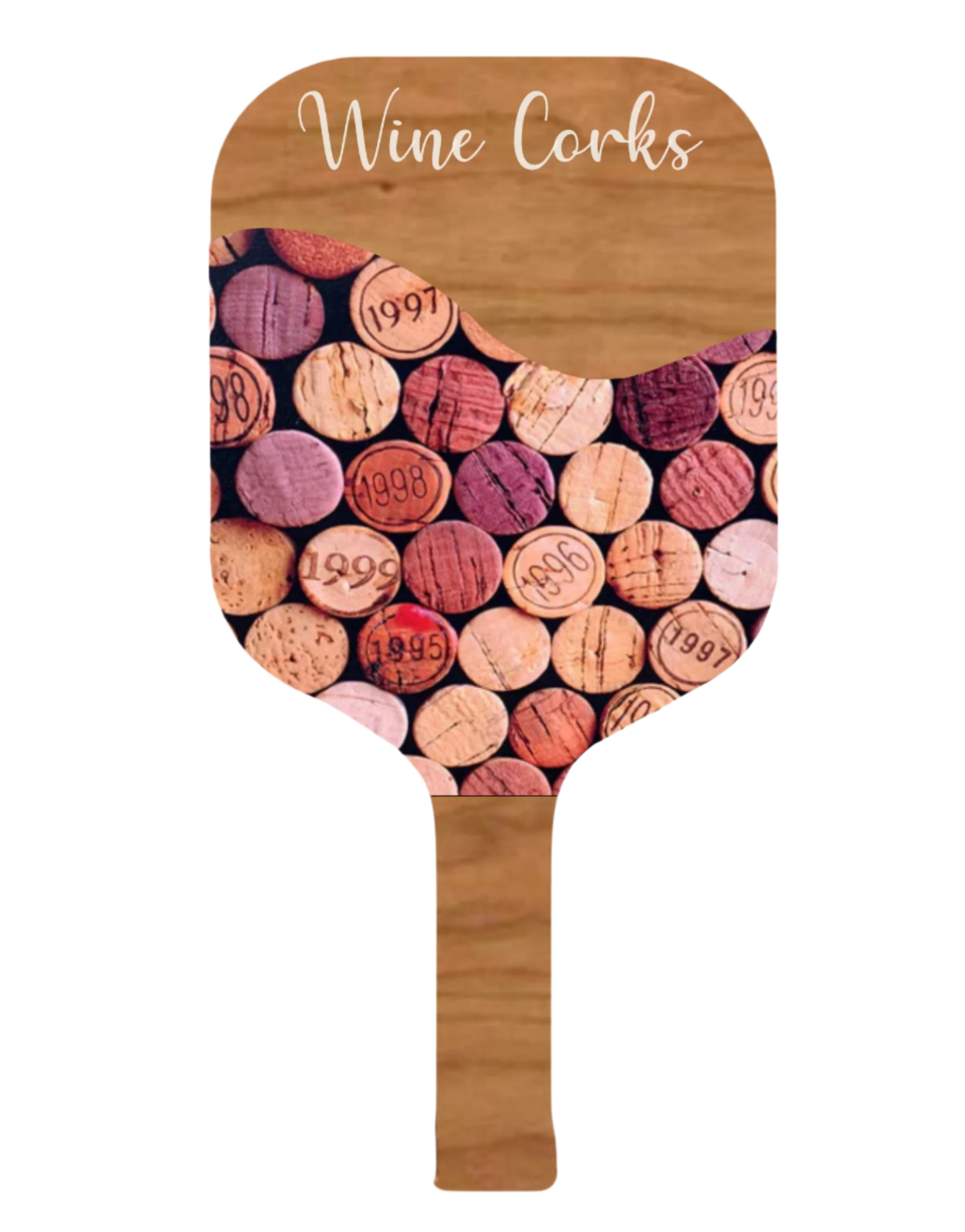 Wine Corks on Cherry Wood Pickleball Paddle Open Playce Saver
